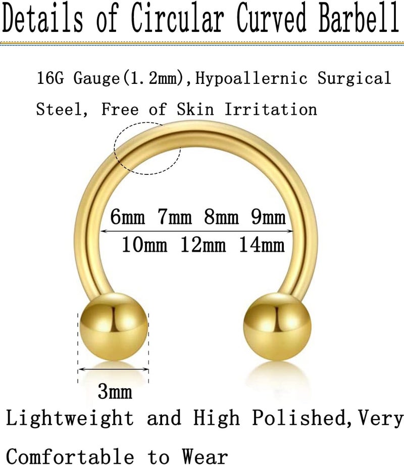 Earmark 7Pairs 6/7/8/9/10/12/14MM Surgical Steel Horseshoe Small Septum Rings Smiley Piercing Jewelry Circular Curved Barbell Piercing Hoops Set for Nose Nipple Nostril Cartilage Helix Daith Tragus Lip Eyebrow - Image 3